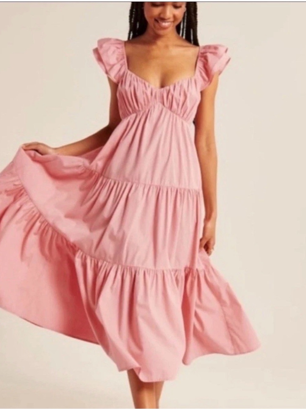 Abercrombie & Fitch Pink tiered midi dress with flutter sleeves Size S